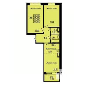 3-к квартира, строящийся дом, 59м2, 1/10 этаж