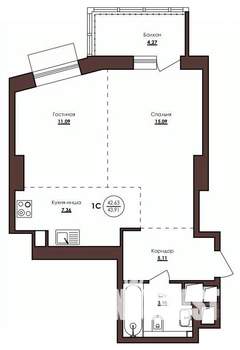 1-к квартира, строящийся дом, 44м2, 7/23 этаж
