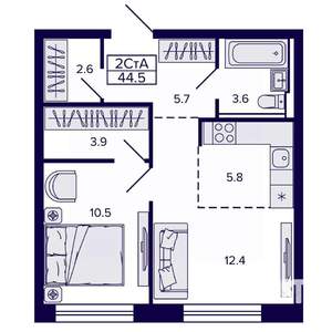 2-к квартира, строящийся дом, 44м2, 17/22 этаж