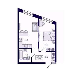 2-к квартира, строящийся дом, 47м2, 27/30 этаж