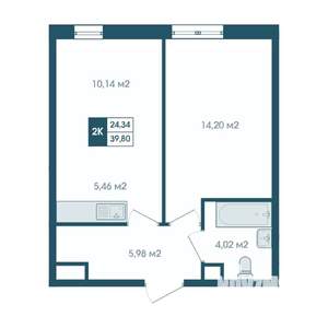 2-к квартира, строящийся дом, 40м2, 7/17 этаж