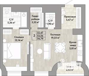 2-к квартира, вторичка, 54м2, 18/22 этаж