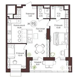 2-к квартира, вторичка, 71м2, 10/23 этаж