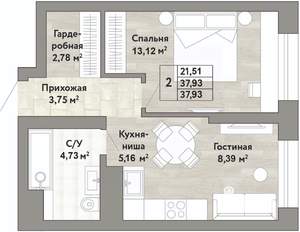 2-к квартира, вторичка, 38м2, 3/22 этаж