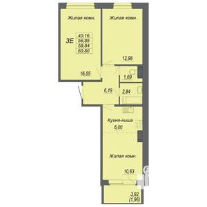 3-к квартира, строящийся дом, 59м2, 1/10 этаж