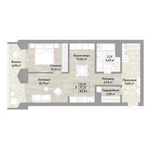 3-к квартира, строящийся дом, 77м2, 1/22 этаж