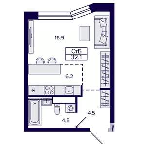 Студия квартира, строящийся дом, 32м2, 17/22 этаж