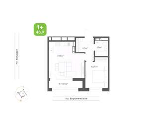 1-к квартира, вторичка, 46м2, 7/9 этаж