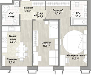 2-к квартира, вторичка, 68м2, 8/21 этаж