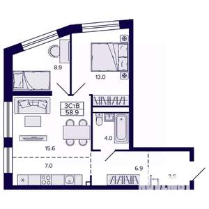 3-к квартира, строящийся дом, 59м2, 14/22 этаж