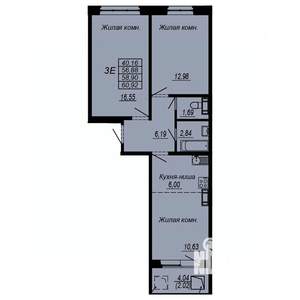 3-к квартира, строящийся дом, 59м2, 9/10 этаж