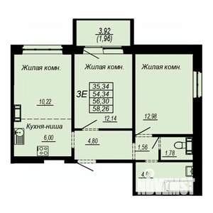 3-к квартира, строящийся дом, 56м2, 1/10 этаж