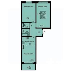 3-к квартира, строящийся дом, 59м2, 6/10 этаж