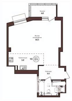 1-к квартира, строящийся дом, 44м2, 21/23 этаж
