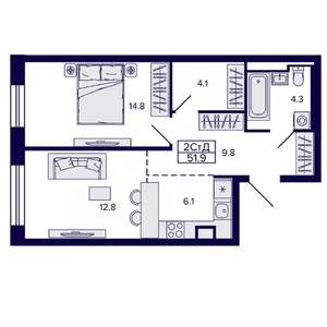 2-к квартира, строящийся дом, 52м2, 9/22 этаж