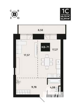 1-к квартира, вторичка, 53м2, 6/8 этаж