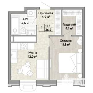 1-к квартира, строящийся дом, 37м2, 16/21 этаж