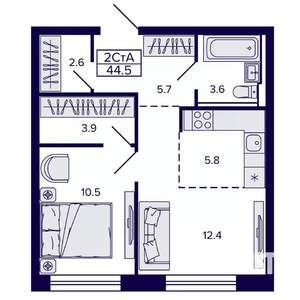 2-к квартира, строящийся дом, 44м2, 6/22 этаж
