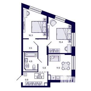 2-к квартира, строящийся дом, 61м2, 16/30 этаж