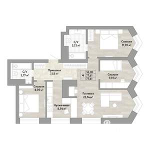 4-к квартира, вторичка, 78м2, 21/22 этаж