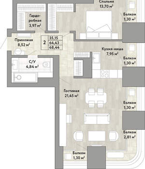 2-к квартира, вторичка, 64м2, 20/22 этаж