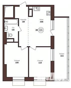 2-к квартира, строящийся дом, 55м2, 9/23 этаж