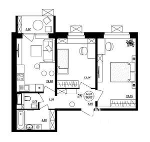 2-к квартира, строящийся дом, 57м2, 4/10 этаж