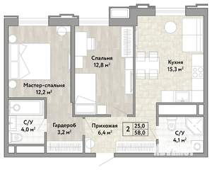 2-к квартира, строящийся дом, 58м2, 11/21 этаж