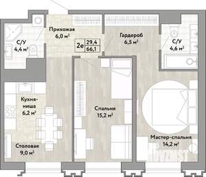 2-к квартира, вторичка, 66м2, 11/21 этаж