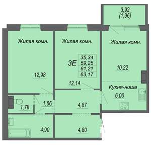 3-к квартира, строящийся дом, 61м2, 4/10 этаж