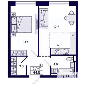 2-к квартира, строящийся дом, 45м2, 4/22 этаж