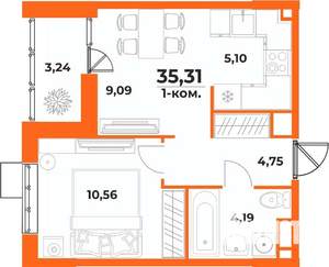 2-к квартира, вторичка, 35м2, 6/10 этаж