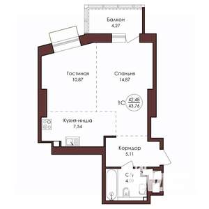 1-к квартира, строящийся дом, 44м2, 2/23 этаж