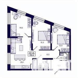 4-к квартира, строящийся дом, 78м2, 11/30 этаж