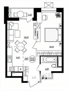 2-к квартира, строящийся дом, 45м2, 7/17 этаж