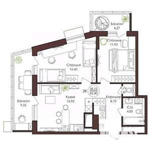 2-к квартира, вторичка, 62м2, 19/23 этаж