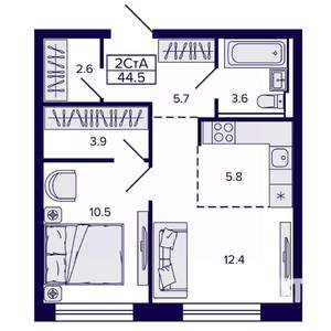 2-к квартира, строящийся дом, 44м2, 8/22 этаж