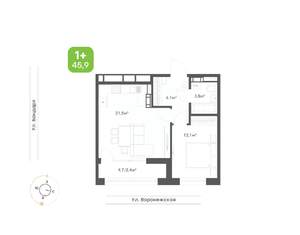 1-к квартира, вторичка, 46м2, 4/9 этаж