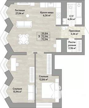 3-к квартира, вторичка, 73м2, 20/22 этаж