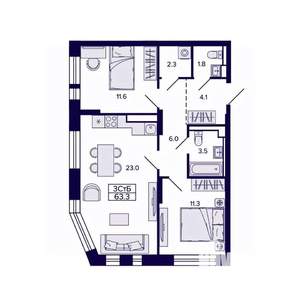3-к квартира, строящийся дом, 63м2, 24/30 этаж