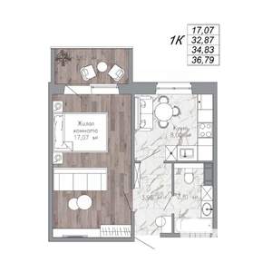 1-к квартира, строящийся дом, 35м2, 5/10 этаж