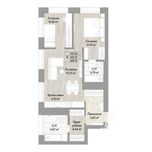 3-к квартира, строящийся дом, 60м2, 16/22 этаж
