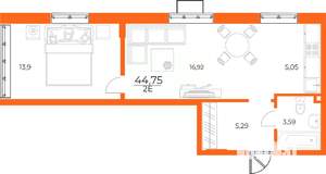 2-к квартира, вторичка, 45м2, 9/10 этаж