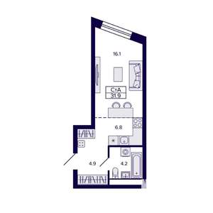 1-к квартира, строящийся дом, 32м2, 3/30 этаж