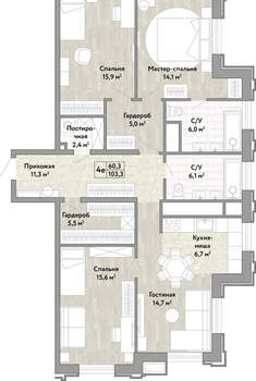 4-к квартира, вторичка, 103м2, 6/21 этаж