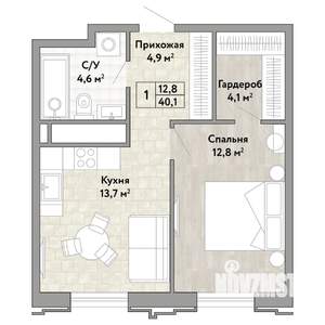 1-к квартира, строящийся дом, 40м2, 14/21 этаж