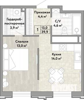 1-к квартира, вторичка, 40м2, 12/21 этаж