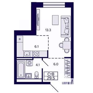 Студия квартира, строящийся дом, 30м2, 13/22 этаж