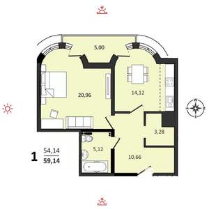 1-к квартира, вторичка, 59м2, 17/25 этаж