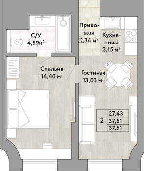 2-к квартира, вторичка, 38м2, 21/22 этаж